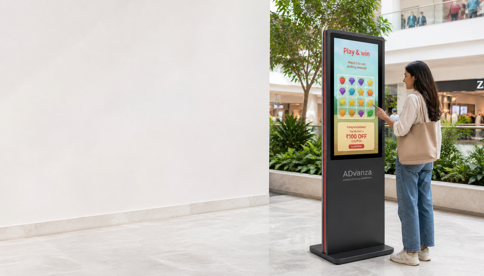Concept visualization of a shopper using an ADvanza game and coupon screen in a shopping mall.